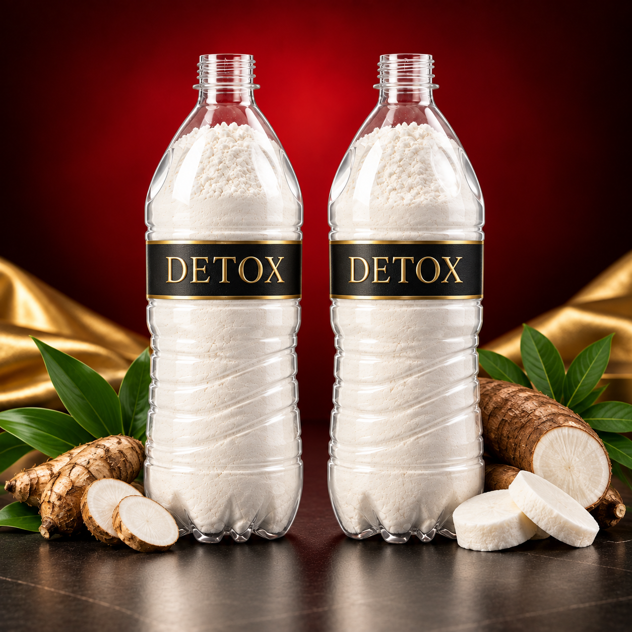 Two Detox bottles representing arrowroot and tapioca starch upgrade choices