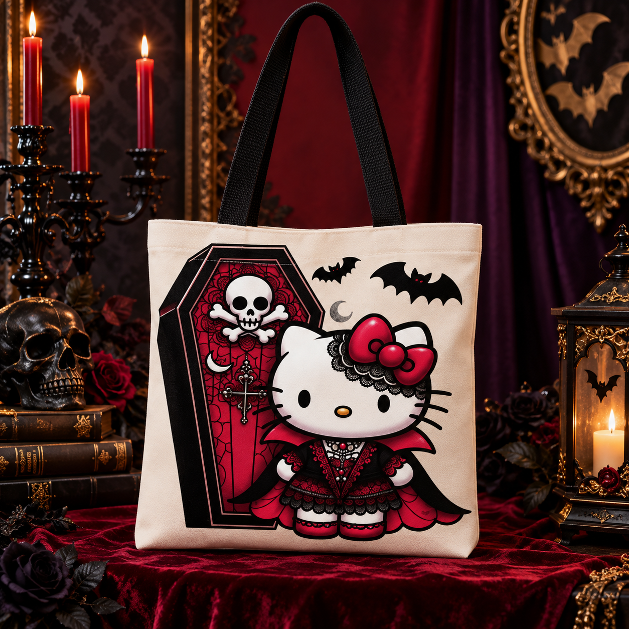 Cream gothic character tote with black handles and red and black Halloween artwork