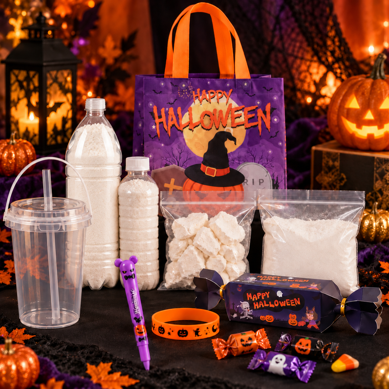 BOO BUNDLE with a 1-liter bottle, 16-ounce bottle, two quart bags, tote, cup, pen, bracelet, treat box, and candy