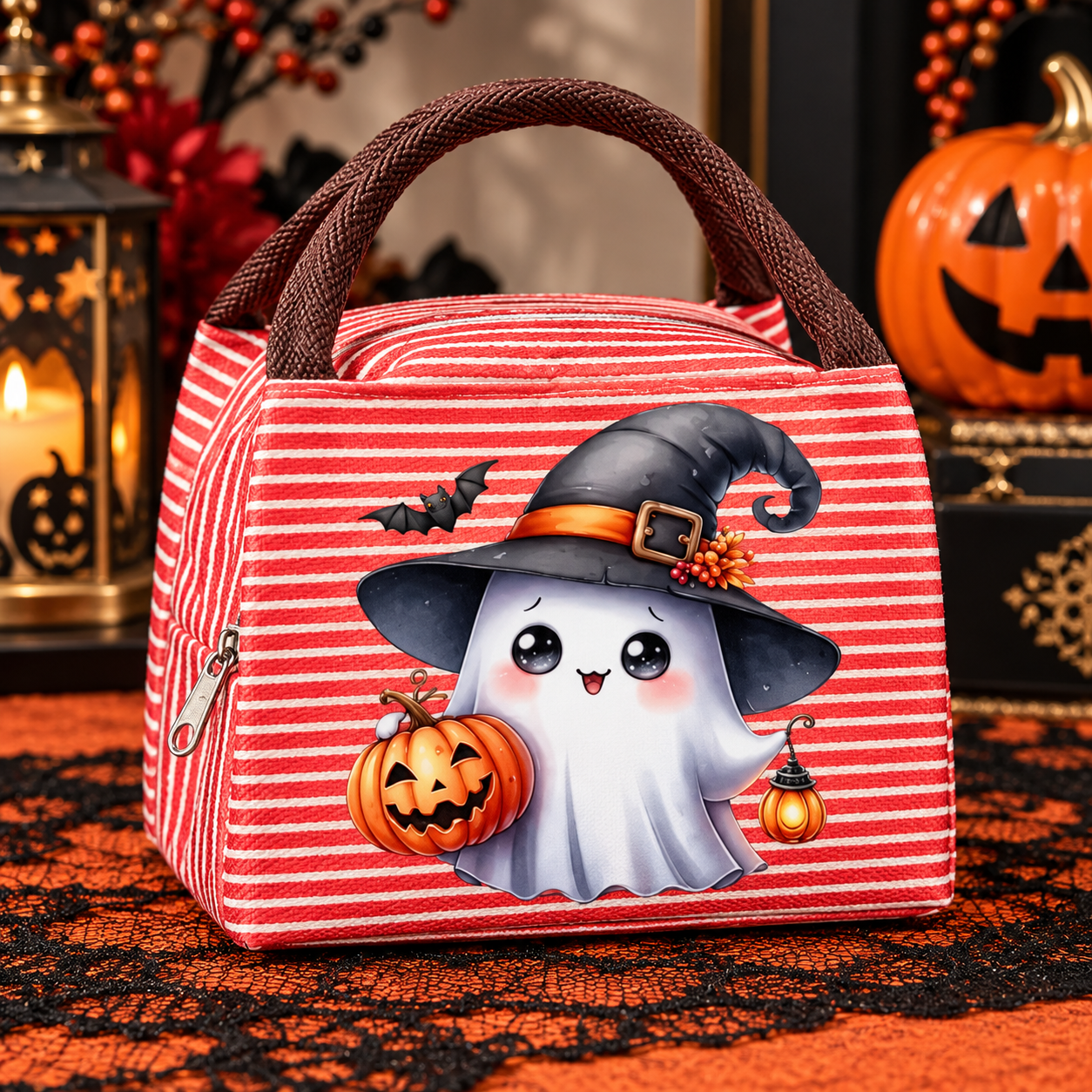 Red striped little ghost Halloween lunch bag