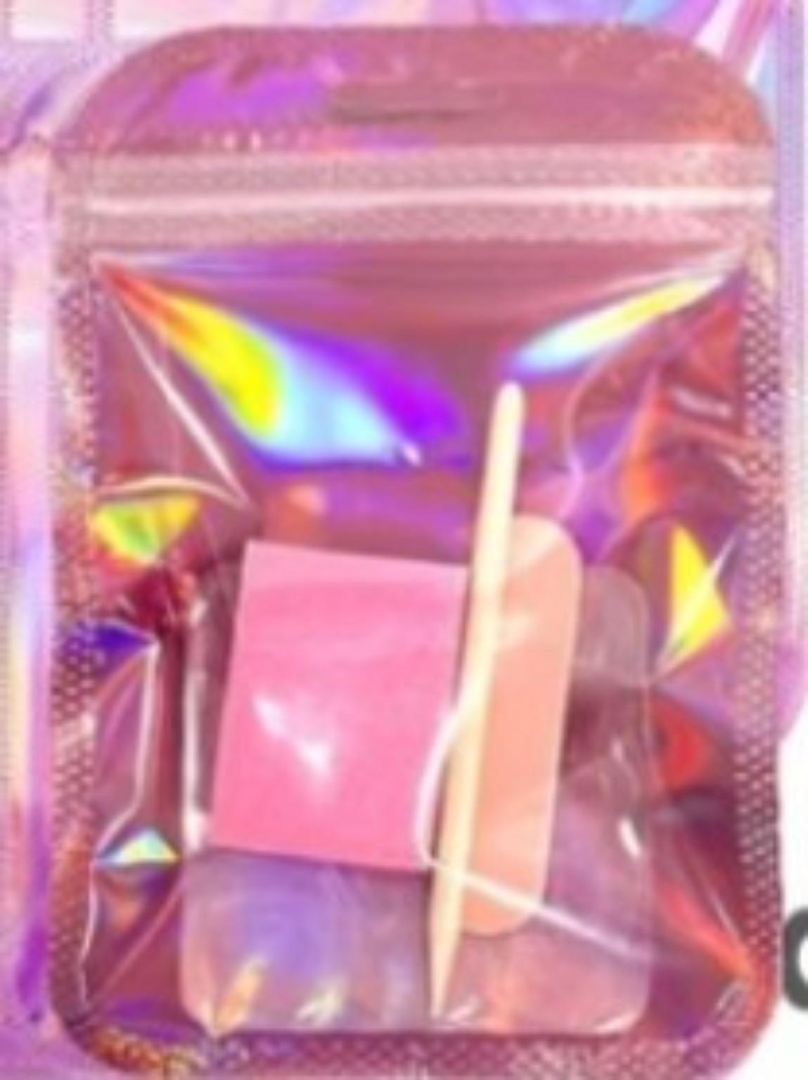 One small individual iridescent pink nail preparation kit