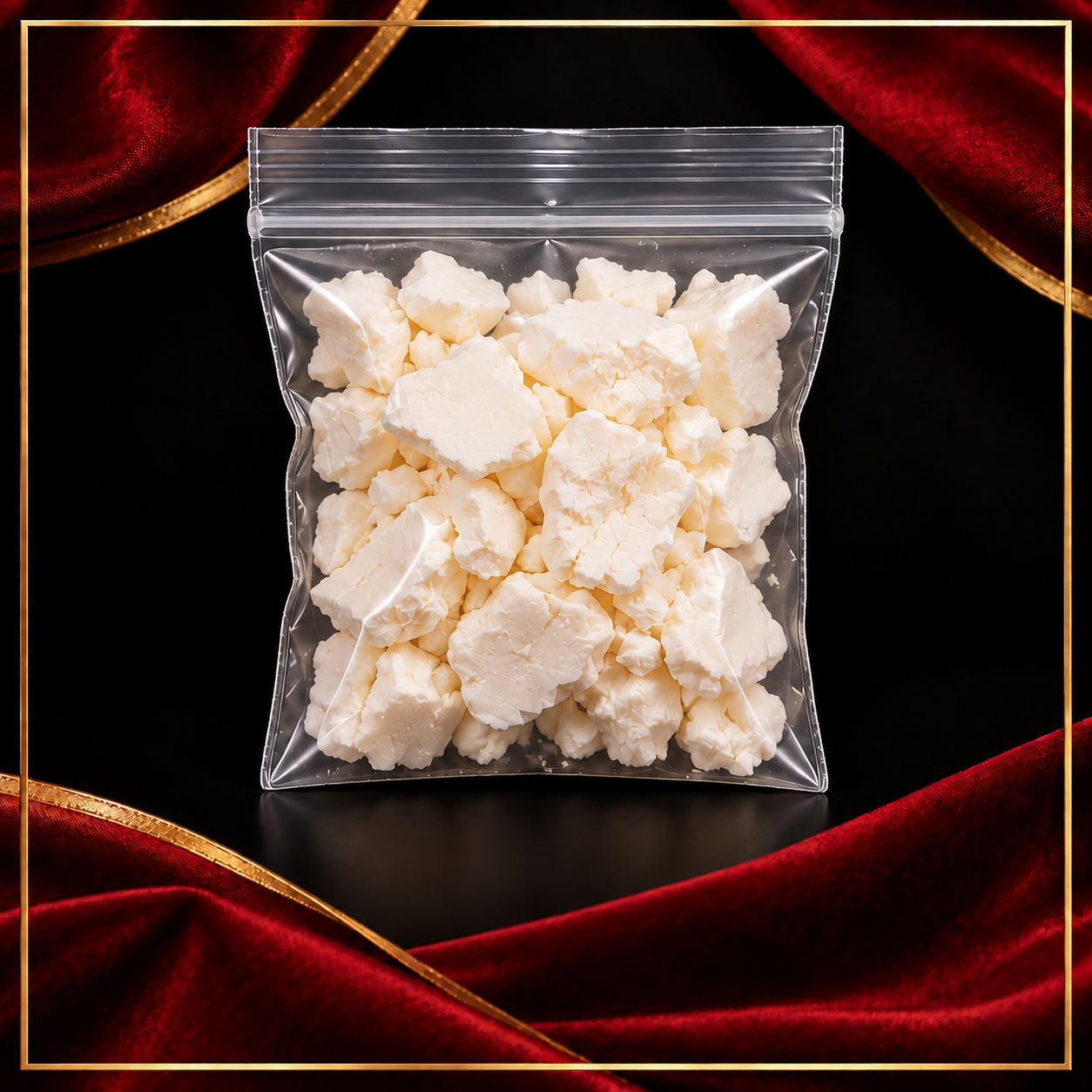 Large clear topper baggie filled with cornstarch chunks
